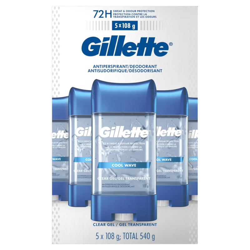 Gillette - Antisudorifique et désodorisant en gel transparent, Pack 5 x 108 g